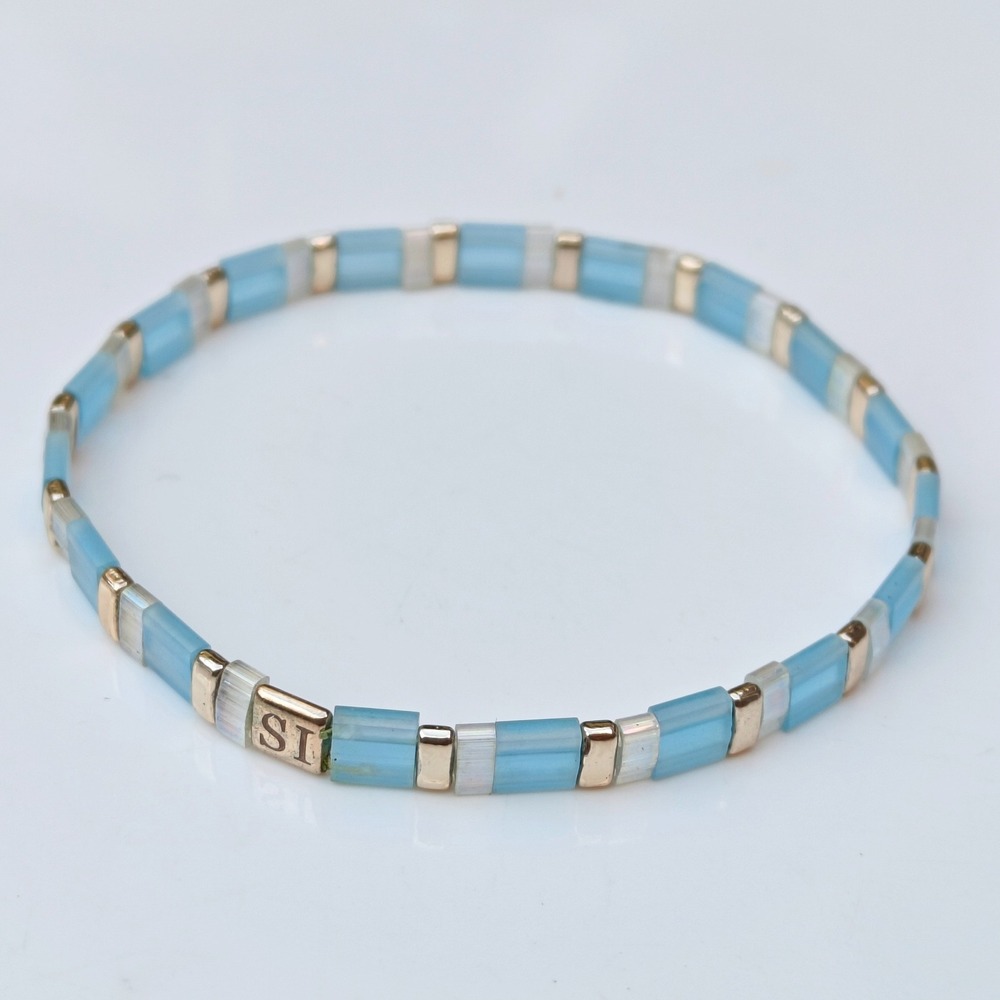 Splendid Iris Tila Miyuki Japanese Glass Bead Bracelet Blue Gold Stretch Coastal